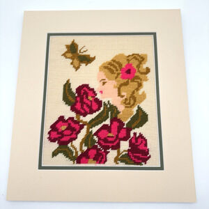 Vintage Completed Needlepoint Wall Art Flowers Girl 1970s Matted 12.5"x 14.25"